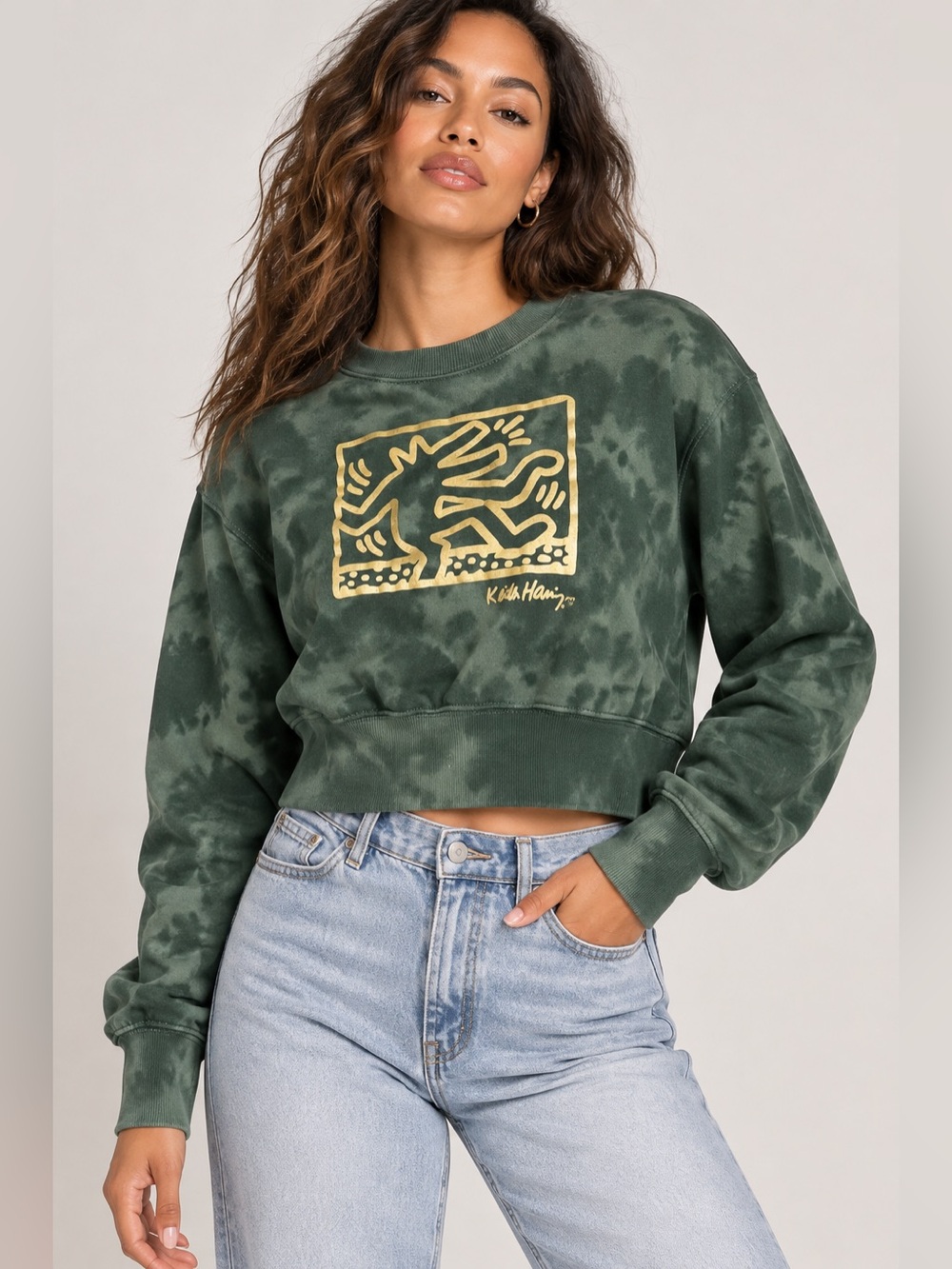 Keith Haring Forest Green Tie-Dye Cropped Sweatshirt Gold Graphic XL